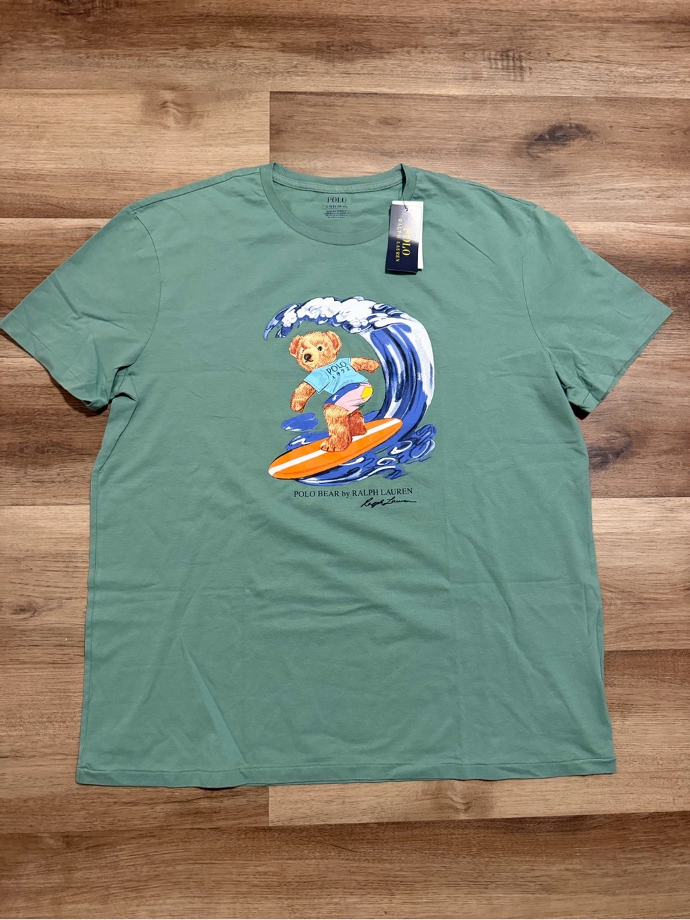 NWT Polo Ralph Lauren Polo Bear Surfing Graphic T-Shirt Mint Green Mens XL